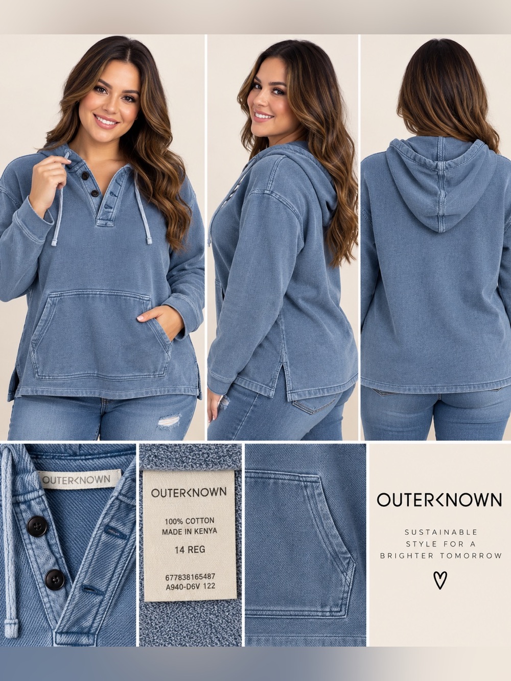 Outerknown Women's Faded Denim-Blue Cotton Hooded Pullover